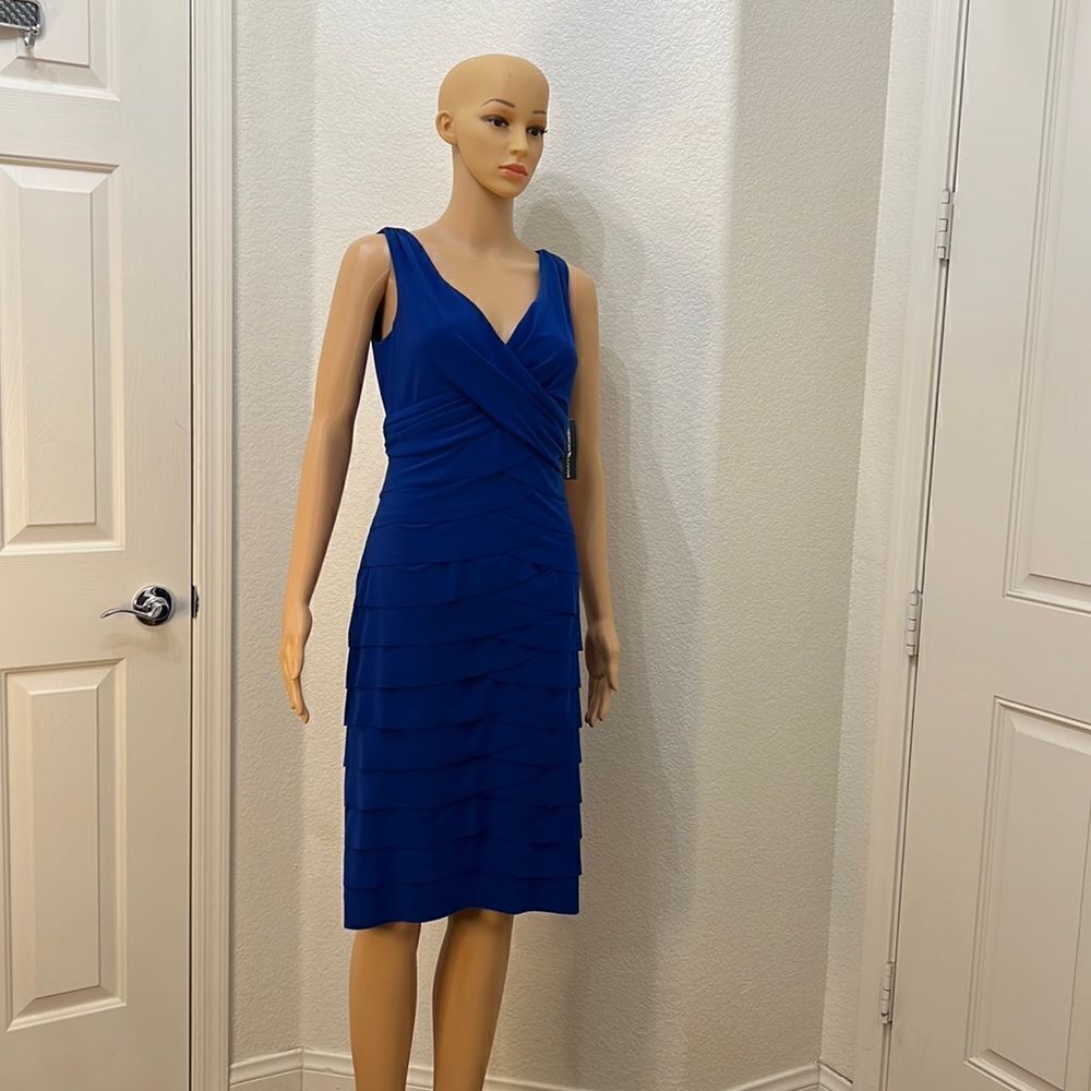 American Living Dress Size 6 Royal Blue V Neck Slimming Tiered Zipper Back New